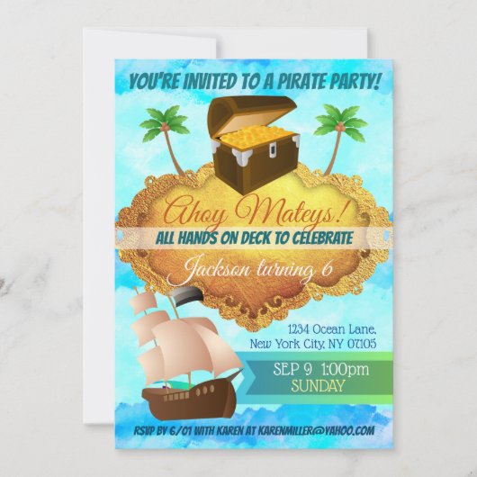 Invitations d'anniversaire de la fête du pirate (Devant)