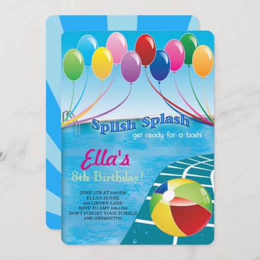 Invitations d'anniversaire de la fête du pool (Devant / Derrière)