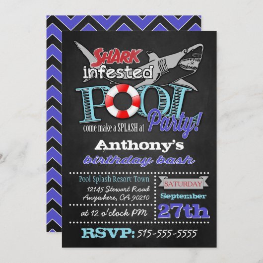 Invitations d'anniversaire de la fête du requin de (Devant / Derrière)