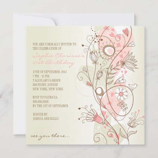 Invitations d'anniversaire de la florale rose Vint (Devant)