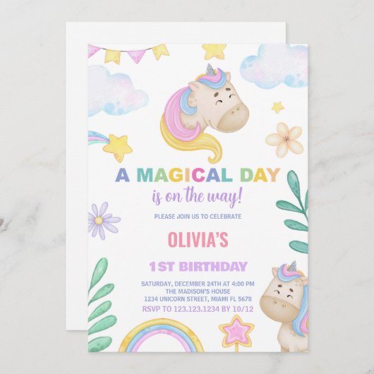 Invitations d'anniversaire de la licorne (Devant / Derrière)