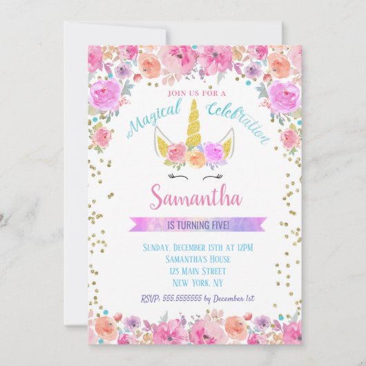 Invitations d'anniversaire de la licorne (Devant)