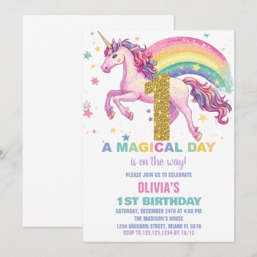 Invitations d'anniversaire de la licorne (Devant / Derrière)