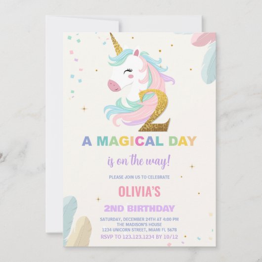 Invitations d'anniversaire de la licorne du 2e ann (Devant)