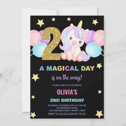 Invitations d'anniversaire de la licorne du 2e ann (Devant)