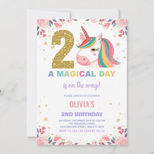 Invitations d'anniversaire de la licorne du 2e ann (Devant)