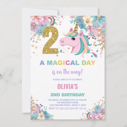 Invitations d'anniversaire de la licorne du 2e ann (Devant)