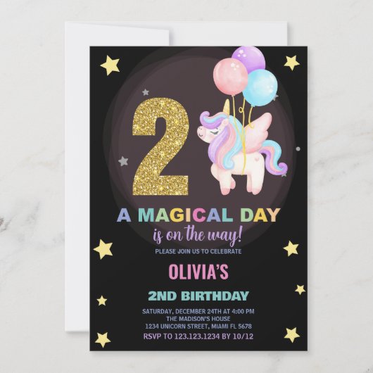 Invitations d'anniversaire de la licorne du 2e ann (Devant)