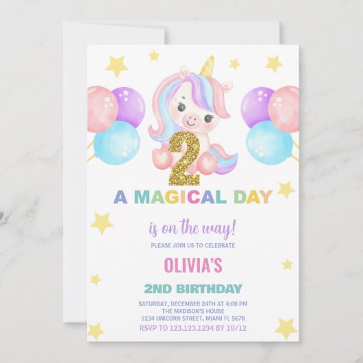 Invitations d'anniversaire de la licorne du 2e ann (Devant)