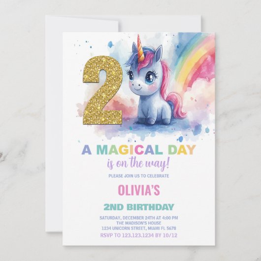 Invitations d'anniversaire de la licorne du 2e ann (Devant)