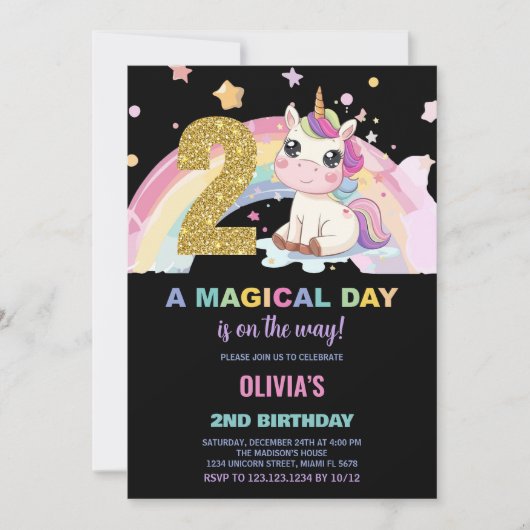 Invitations d'anniversaire de la licorne du 2e ann (Devant)