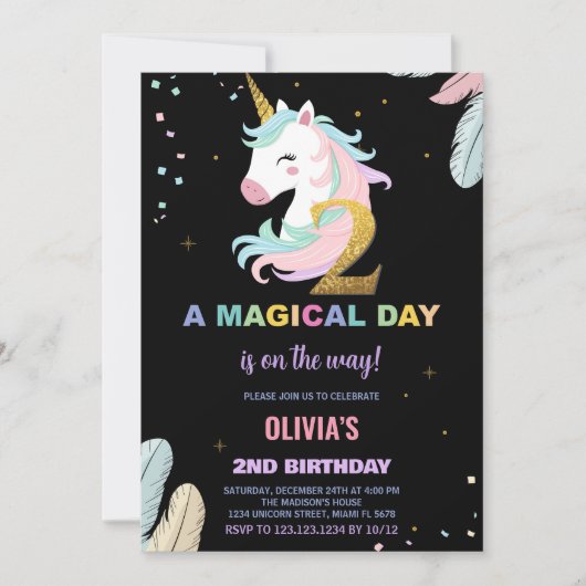 Invitations d'anniversaire de la licorne du 2e ann (Devant)