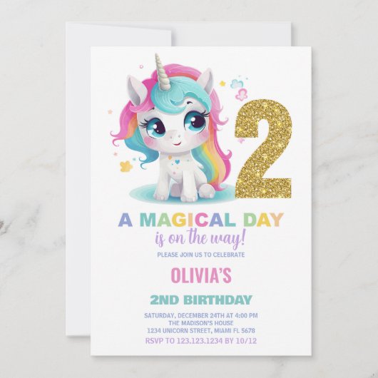 Invitations d'anniversaire de la licorne du 2e ann (Devant)