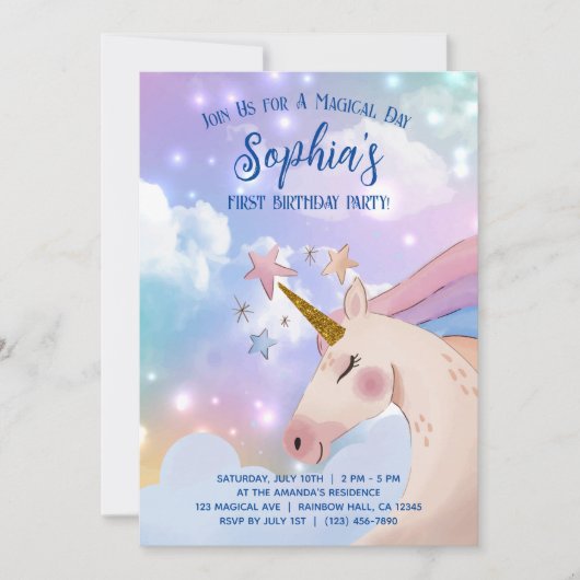 invitations d'anniversaire de la licorne rose et v (Devant)