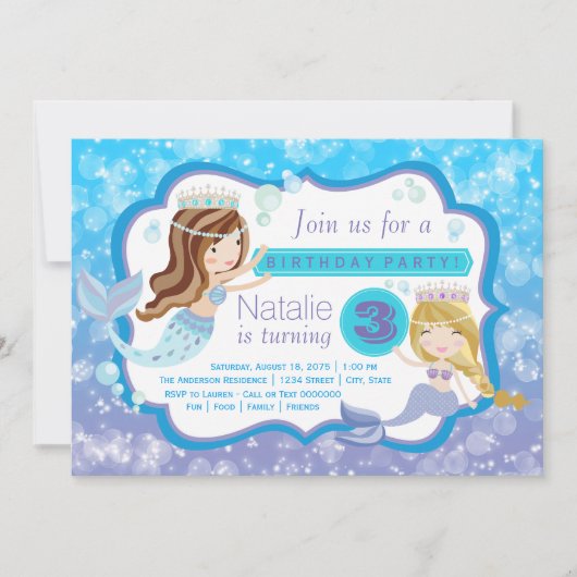 Invitations d'anniversaire de la mignonne sirène (Devant)