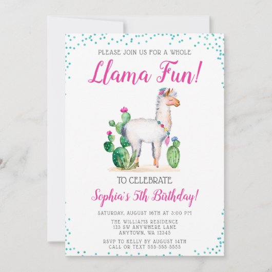 Invitations d'anniversaire de lama d'aquarelle (Devant)
