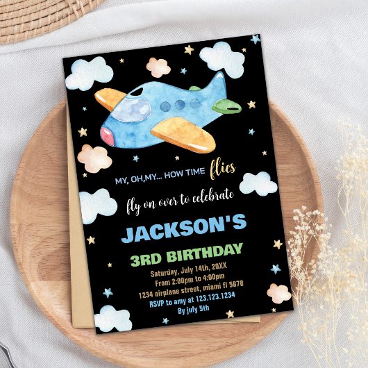 Invitations d'anniversaire de l'avion Bleu Orange 