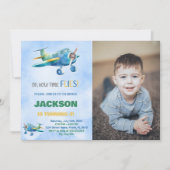 Invitations d'anniversaire de l'avion bleu vert av (Devant)