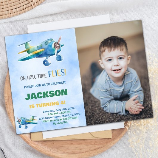 Invitations d'anniversaire de l'avion bleu vert av