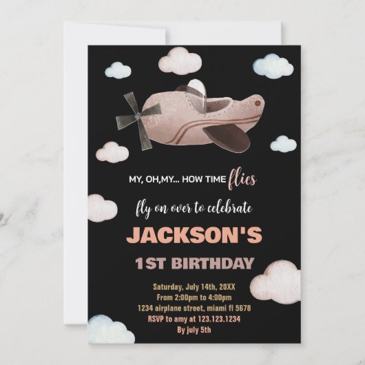 Invitations d'anniversaire de l'avion Brown noir (Devant)