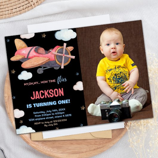 Invitations d'anniversaire de l'avion Brown noir a