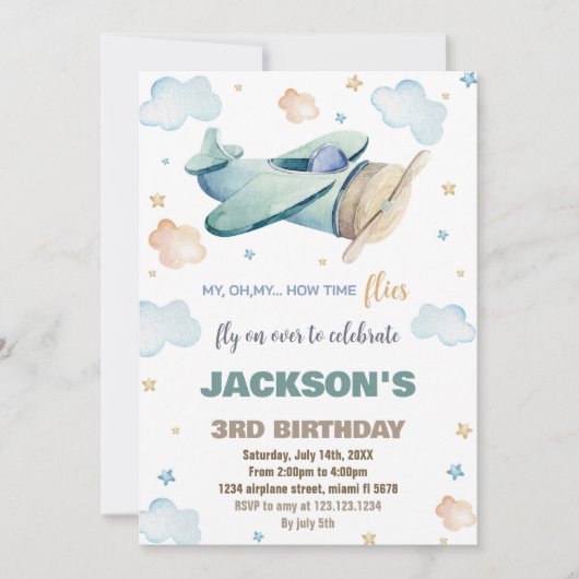 Invitations d'anniversaire de l'avion Brown vert (Devant)
