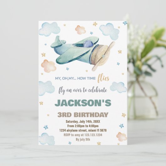 Invitations d'anniversaire de l'avion Brown vert (Debout devant)