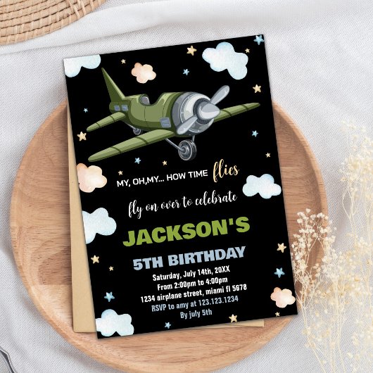 Invitations d'anniversaire de l'avion Green Black 