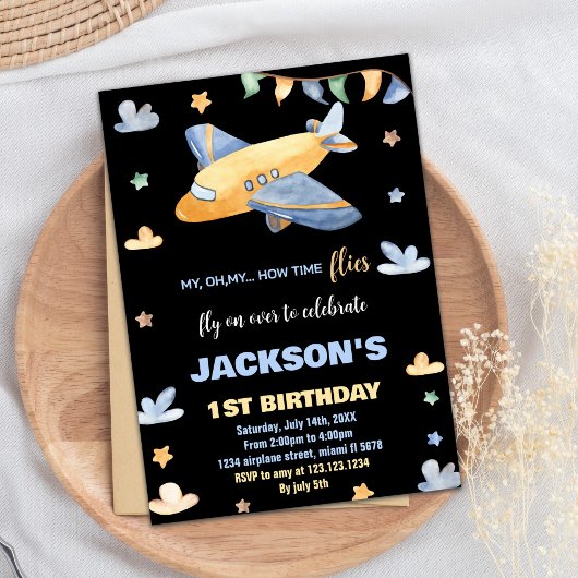 Invitations d'anniversaire de l'avion Jaune Gris N