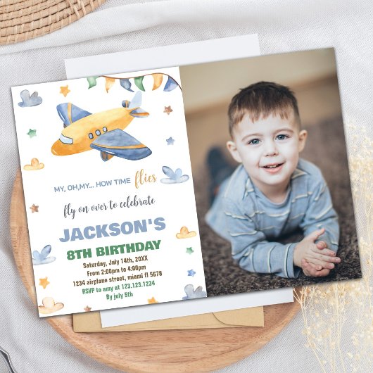 Invitations d'anniversaire de l'avion Jaune Gris W
