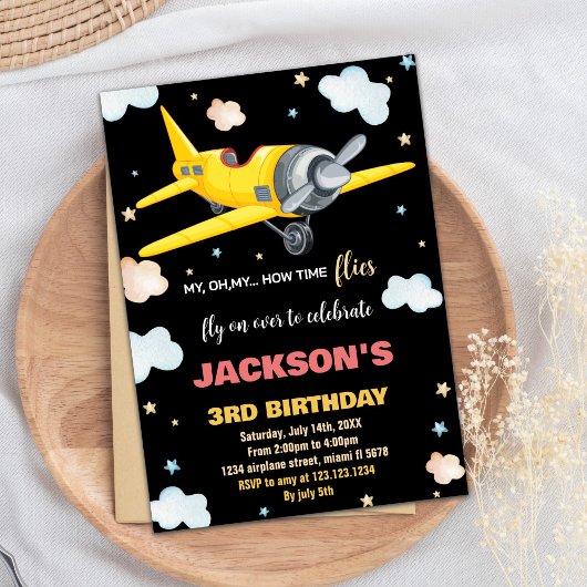 Invitations d'anniversaire de l'avion Jaune Noir B
