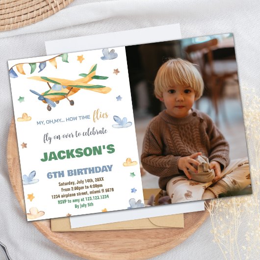Invitations d'anniversaire de l'avion Jaune Vert W