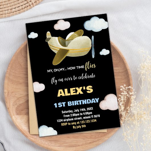 Invitations d'anniversaire de l'avion noir jaune o