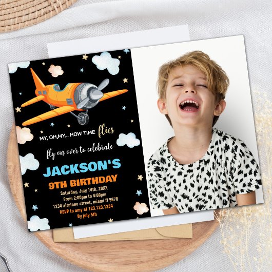 Invitations d'anniversaire de l'avion Orange Noir
