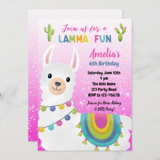 Invitations d'anniversaire de Llama (Parties scint (Devant / Derrière)