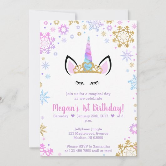 Invitations d'anniversaire de l'Unicorne d'hiver (Devant)