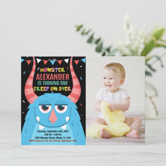 Invitations d'anniversaire de Monster Blue Black P (Debout devant)