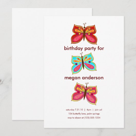 Invitations d'anniversaire de papillon (Devant / Derrière)