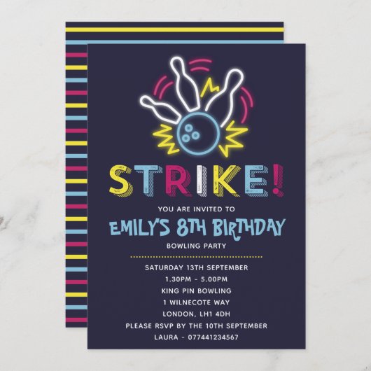 Invitations d'anniversaire de partie de bowling (Devant / Derrière)