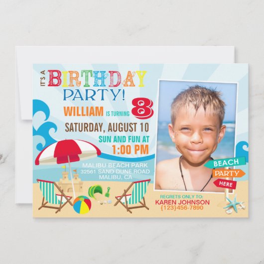 Invitations d'anniversaire de plage (Devant)