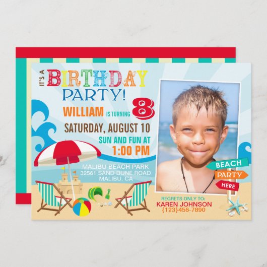 Invitations d'anniversaire de plage (Devant / Derrière)