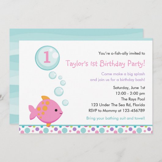 Invitations d'anniversaire de poisson (filles) ave (Devant / Derrière)