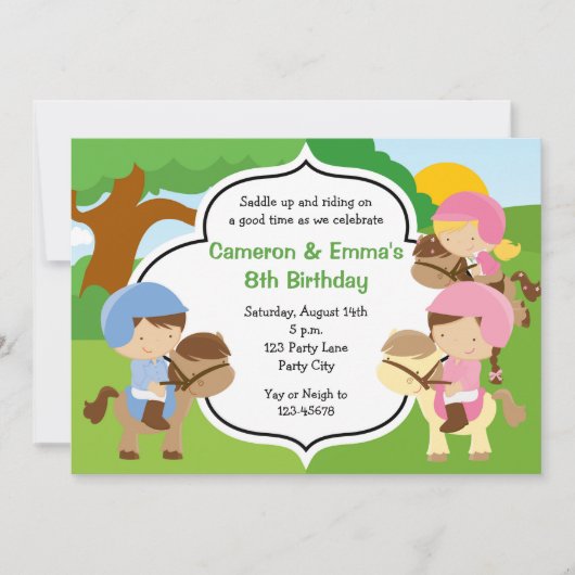 Invitations d'anniversaire de Pony pour jumeaux (g (Devant)