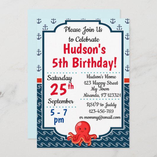 Invitations d'anniversaire de poulpe (Devant / Derrière)