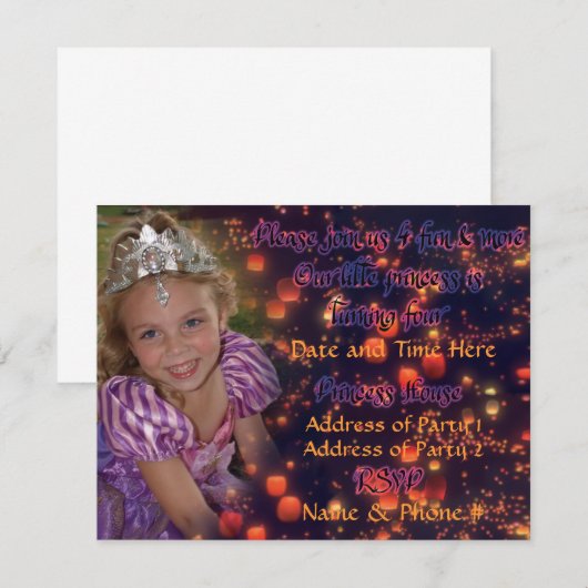 Invitations d'anniversaire de princesse de 4 ans (Devant / Derrière)