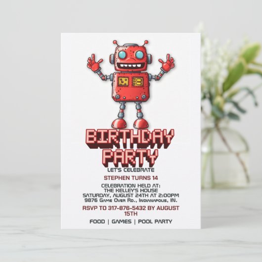 Invitations d'anniversaire de Retro Space Robot (Debout devant)