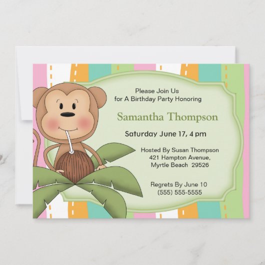 Invitations d'anniversaire de singe de coco (Devant)