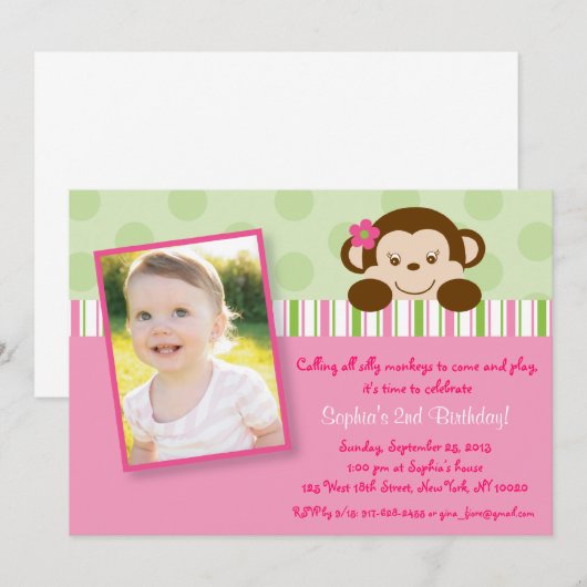 Invitations d'anniversaire de singe de fille de (Devant / Derrière)