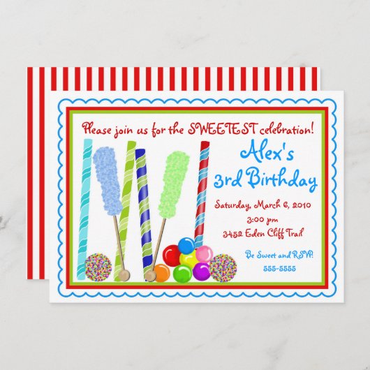 Invitations d'anniversaire de sucrerie (Devant / Derrière)