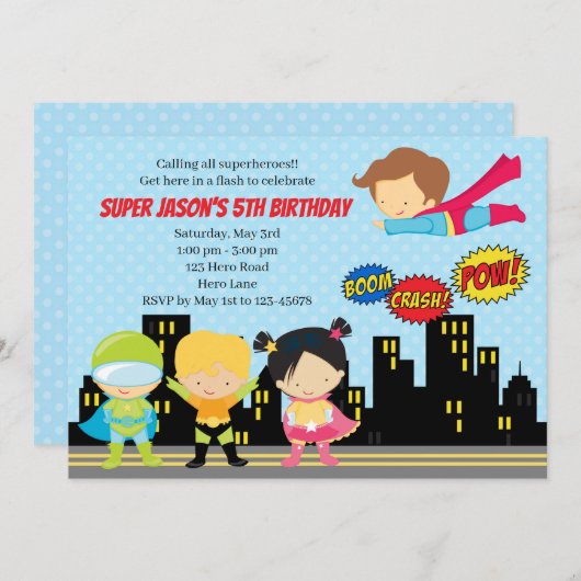 Invitations d'anniversaire de super héros (Devant / Derrière)